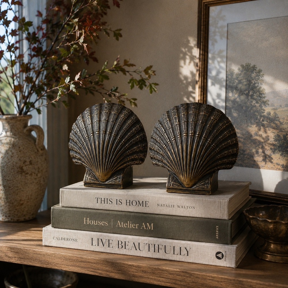Vintage Brass Seashell Bookends Pair Coastal Shelf Decor Scallop Shell Book Ends
